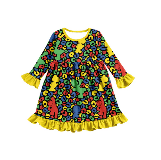 8.9 Baby Girls Yellow Leopard Cartoon Knee Length Dresses preorder(moq 5)