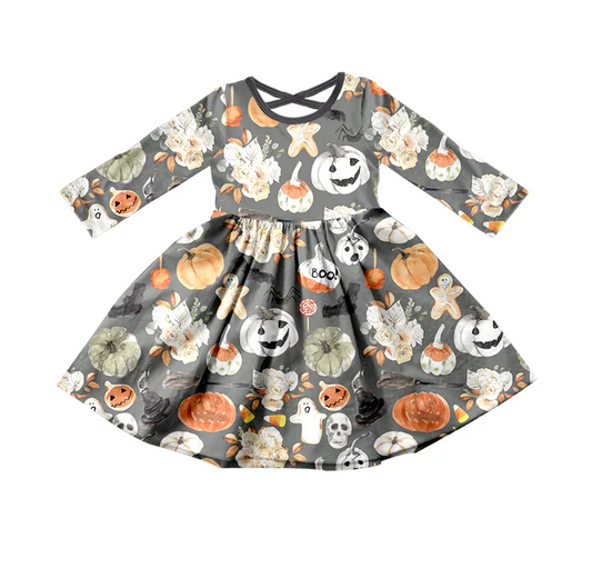 8.9 Baby Girls Halloween Flowers Pumpkin Twirl Dresses preorder(moq 5)