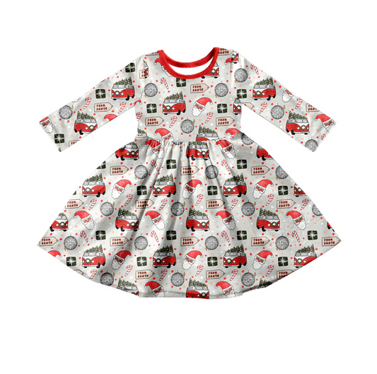 8.9 Baby Girls Christmas Bus Twirl Knee Length Dresses preorder(moq 5)