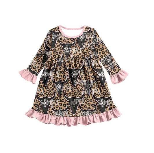 8.9 Baby Girls Cow Leopard Knee Length Dresses preorder(moq 5)