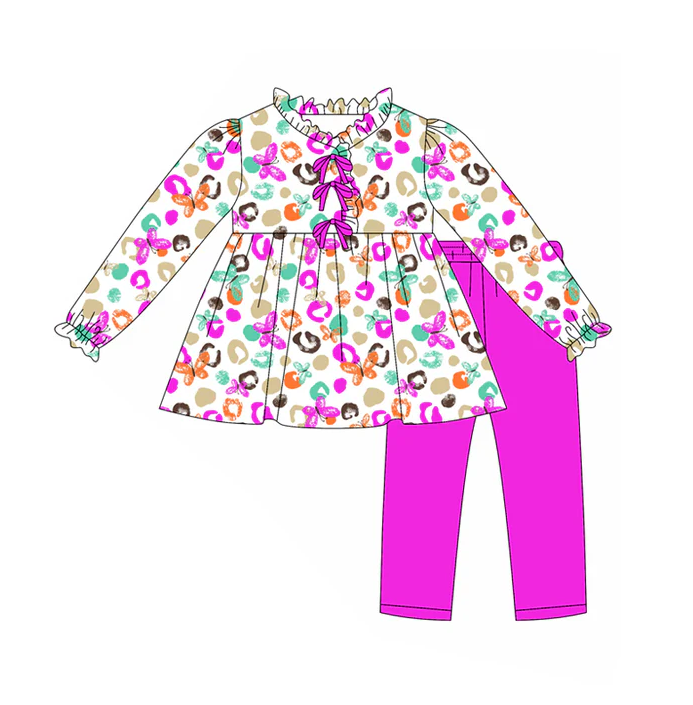 8.11 Preorder(moq 5) Baby Girls Purple Leopard Butterfly Tunic Top Legging Boutique Outfits Sets