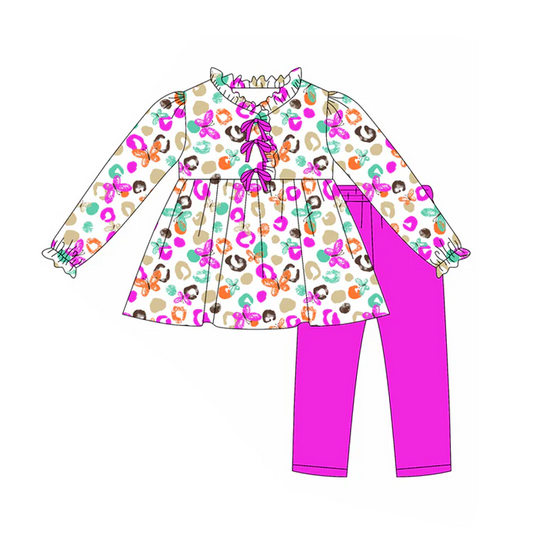 8.11 Preorder(moq 5) Baby Girls Purple Leopard Butterfly Tunic Top Legging Boutique Outfits Sets