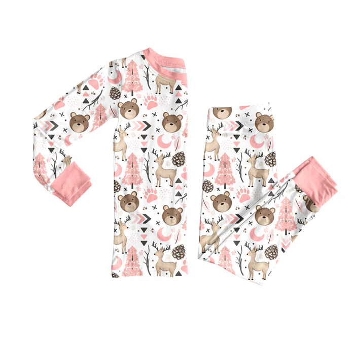 8.11 Preorder(moq 5) Baby Girls Christmas Pink Animals Top Pants Lounge Wear Pajamas Sets