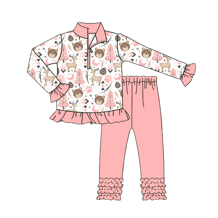 8.11 Preorder(moq 5) Baby Girls Pink Animals Zip Pullover Top Legging Boutique Outfits Sets
