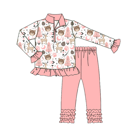 8.11 Preorder(moq 5) Baby Girls Pink Animals Zip Pullover Top Legging Boutique Outfits Sets