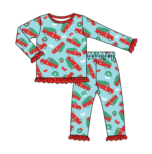 8.11  Preorder(moq 5) Baby Girls Christmas Trucks Bows Top Pants Lounge Wear Pajamas Sets