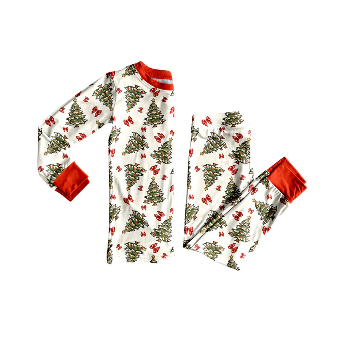 8.11  Preorder(moq 5) Baby Girls Christmas Tree Bows Top Pants Lounge Wear Pajamas Sets