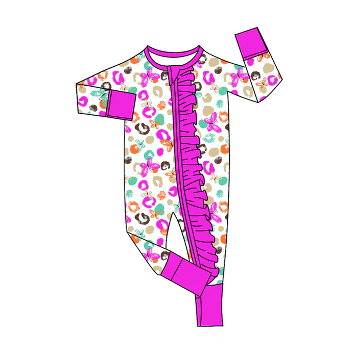 8.11 Preorder(moq 5)Baby Girls Purple Leopard Butterfly Zipper Footie Rompers