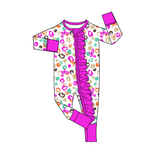 8.11 Preorder(moq 5)Baby Girls Purple Leopard Butterfly Zipper Footie Rompers