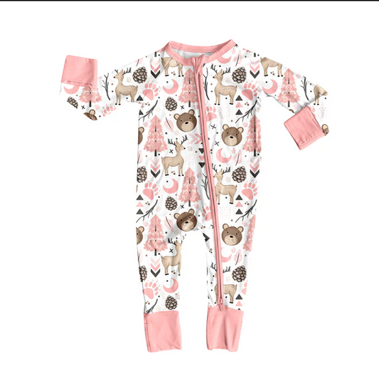 8.11 Preorder(moq 5)Baby Girls Pink Animals Zipper Footie Rompers