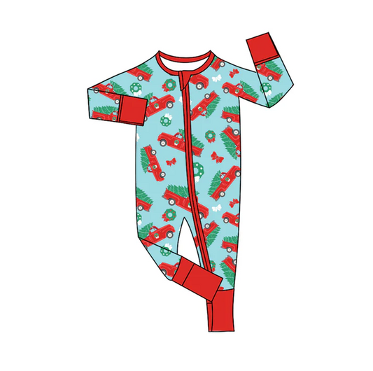 8.11  Preorder(moq 5)Baby Infant Christmas Trucks Bows Zipper Footie Rompers