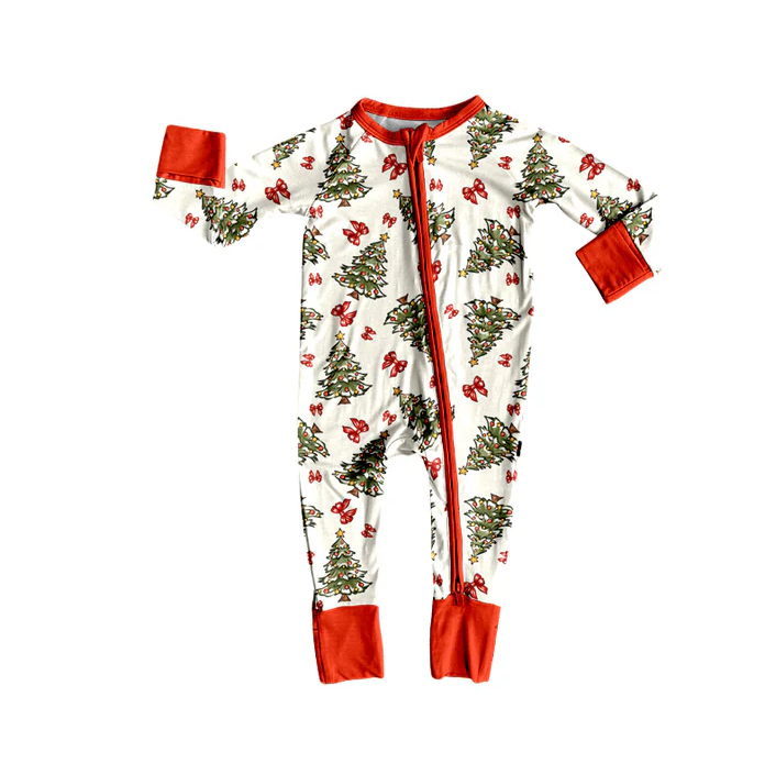 8.11  Preorder(moq 5)Baby Infant Christmas Trees Bows Zipper Footie Rompers