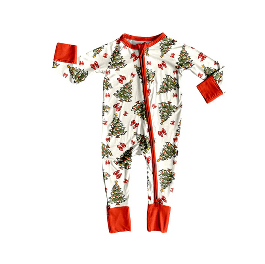 8.11  Preorder(moq 5)Baby Infant Christmas Trees Bows Zipper Footie Rompers