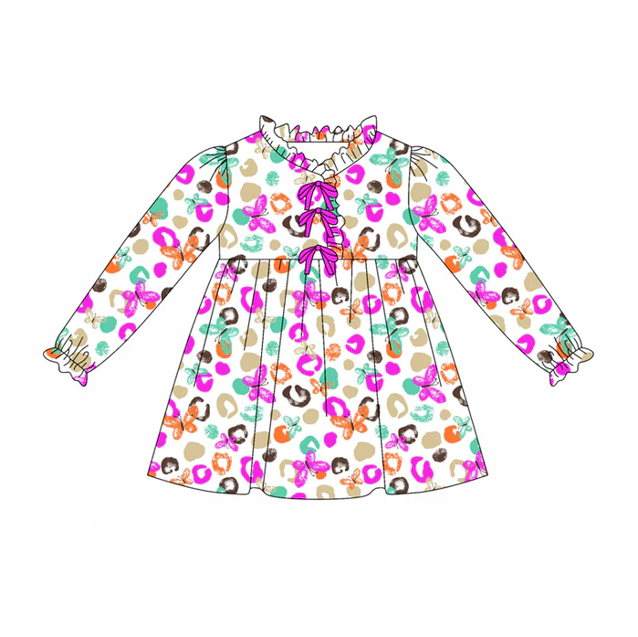 8.11 Preorder (moq 5)Baby Girls Purple Leopard Butterfly Knee Length Dresses