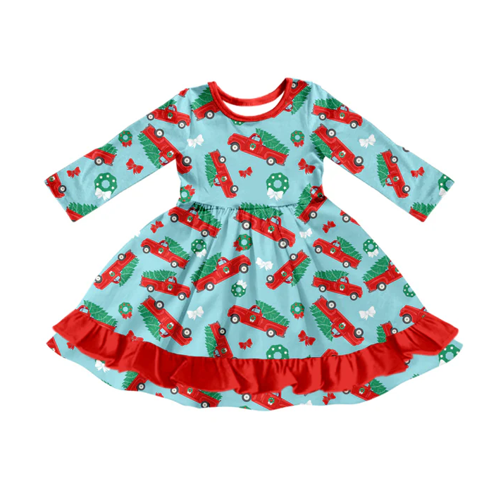8.11 Preorder (moq 5)Baby Girls Christmas Trucks Bows Ruffle Knee Length Dresses