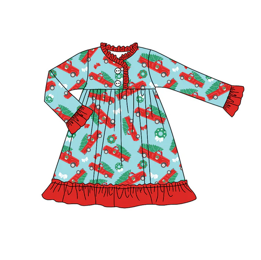 8.11 Preorder (moq 5)Baby Girls Christmas Trucks Bows Ruffle Knee Length Gowns Dresses