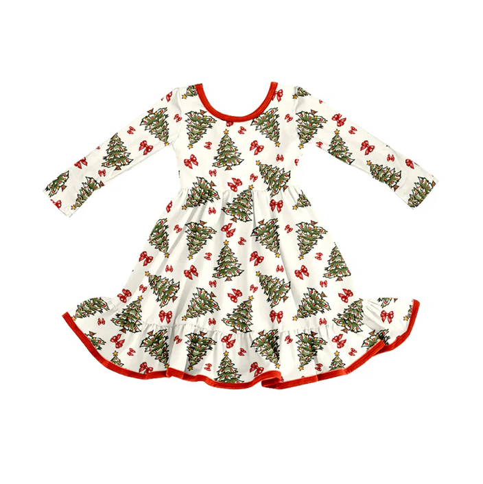 8.11 Preorder (moq 5)Baby Girls Christmas Trees Bows Ruffle Knee Length Dresses