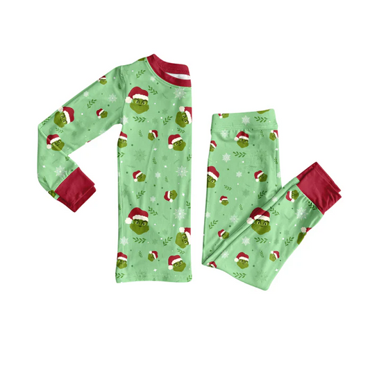 8.11  Preorder(moq 5) Baby Kids Christmas Green Face Top Pants Lounge Wear Pajamas Sets