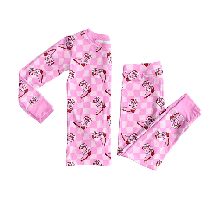 8.11 Preorder(moq 5) Baby Girls Western Pink Checkered Boots Top Pants Lounge Wear Pajamas Sets