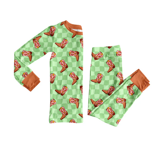 8.11 Preorder(moq 5) Baby Boys Green Checkered Boots Top Pants Lounge Wear Pajamas Sets