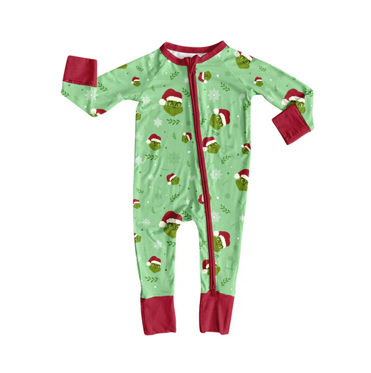 8.11  Preorder(moq 5)Baby Infant Christmas Green Face Zipper Footie Rompers