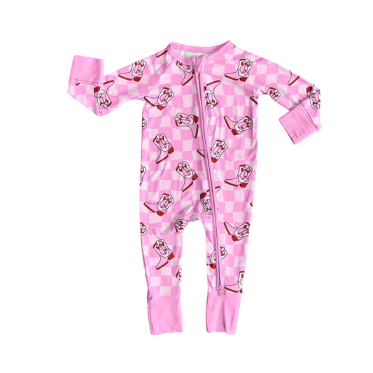 8.11 Preorder(moq 5)Baby Infant Western Pink Checkered Boots Zipper Footie Rompers