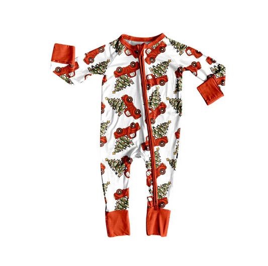 8.11 Preorder(moq 5)Baby Infant Christmas Trees Trucks Red Zipper Footie Rompers