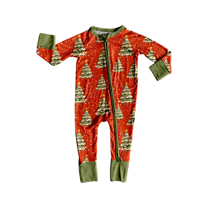 8.11 Preorder(moq 5)Baby Infant Christmas Trees Red Zipper Footie Rompers