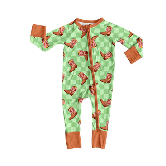 8.11 Preorder(moq 5)Baby Infant Green Checkered Boots Zipper Footie Rompers