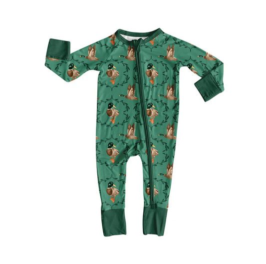8.11 Preorder(moq 5)Baby Infant Mallard Ducks Hunting Green Zipper Footie Rompers