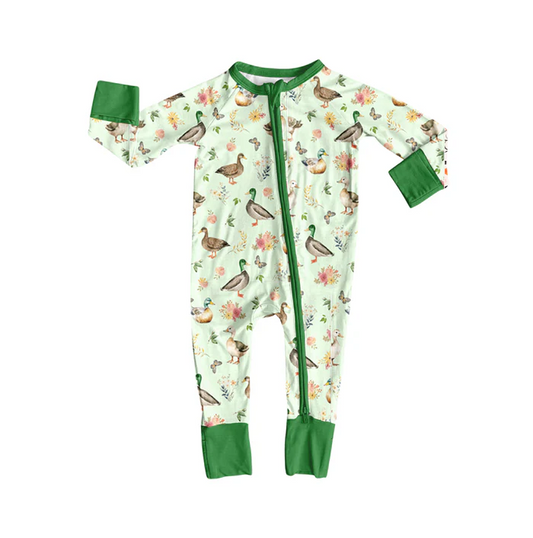 8.11 Preorder(moq 5)Baby Infant Mallard Ducks Green Zipper Footie Rompers