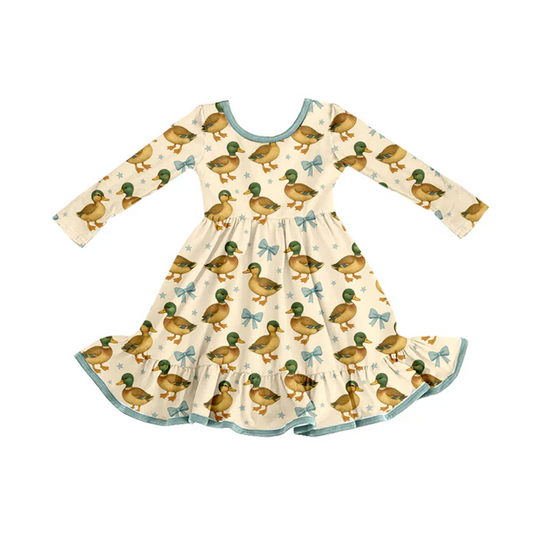 8.11 Preorder (moq 5)Baby Girls Cute Mallard Ducks Ruffle Knee Length Dresses