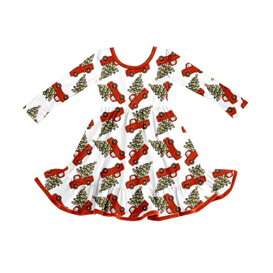 8.11 Preorder (moq 5)Baby Girls Christmas Trees Trucks Ruffle Knee Length Dresses