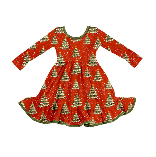8.11 Preorder (moq 5)Baby Girls Christmas Trees Red Ruffle Knee Length Dresses