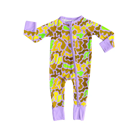 8.11 Preorder(moq 5)Baby Girls Purple Camo Zipper Footie Rompers