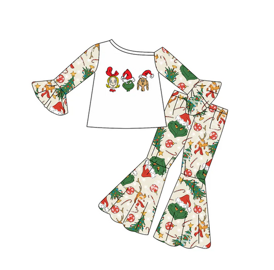 8.12 Preorder(moq 5) Baby Girls Christmas Frog One Shoulder Top Bell Pants Outfits Sets
