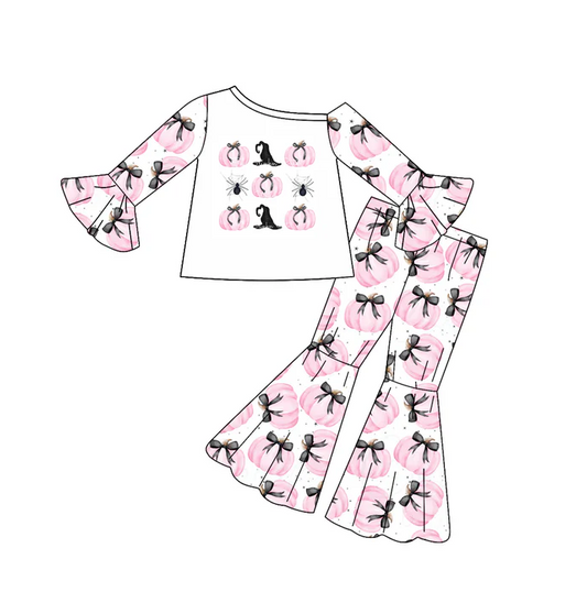 8.12 Preorder(moq 5) Baby Girls Halloween Pumpkins Bows Top Bell Pants Outfits Sets