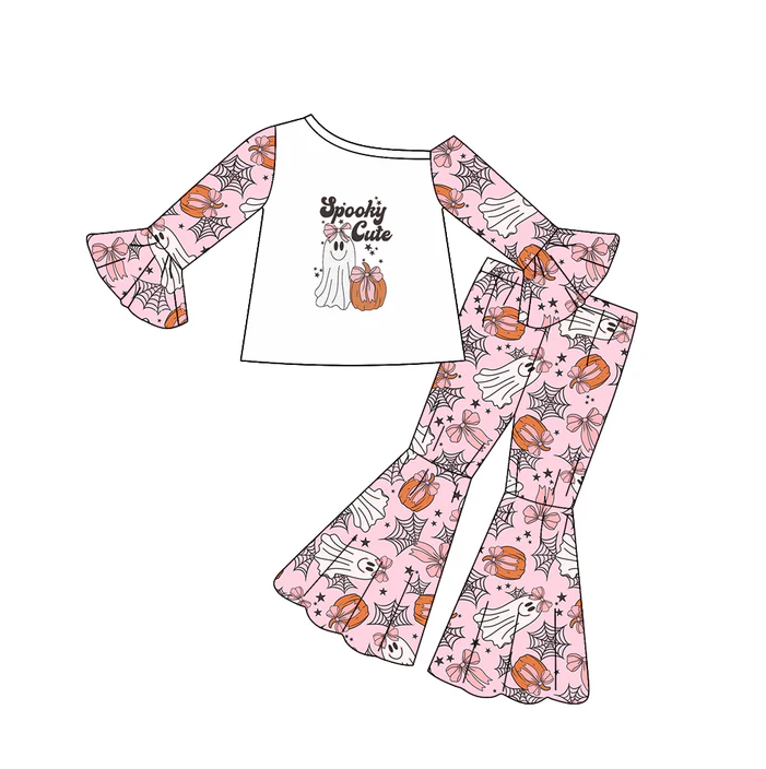8.12 Preorder(moq 5) Baby Girls Halloween Spooky Cute Ghost Top Bell Pants Outfits Sets
