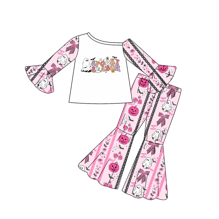 8.12 Preorder(moq 5) Baby Girls Halloween Spooky Season Top Bell Pants Outfits Sets