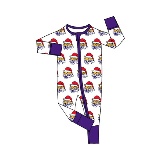 8.12 Preorder(moq 5)Baby Infant LSU Tiger Team Christmas Zipper Footie Rompers