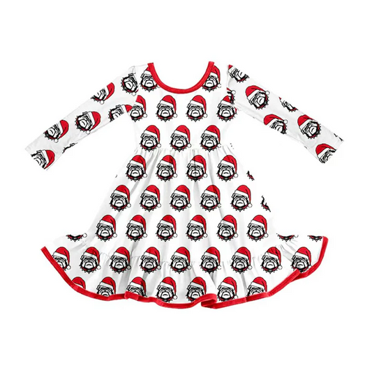 8.12 Preorder (moq 5)Baby Girls Bulldogs Team Christmas Ruffle Knee Length Dresses
