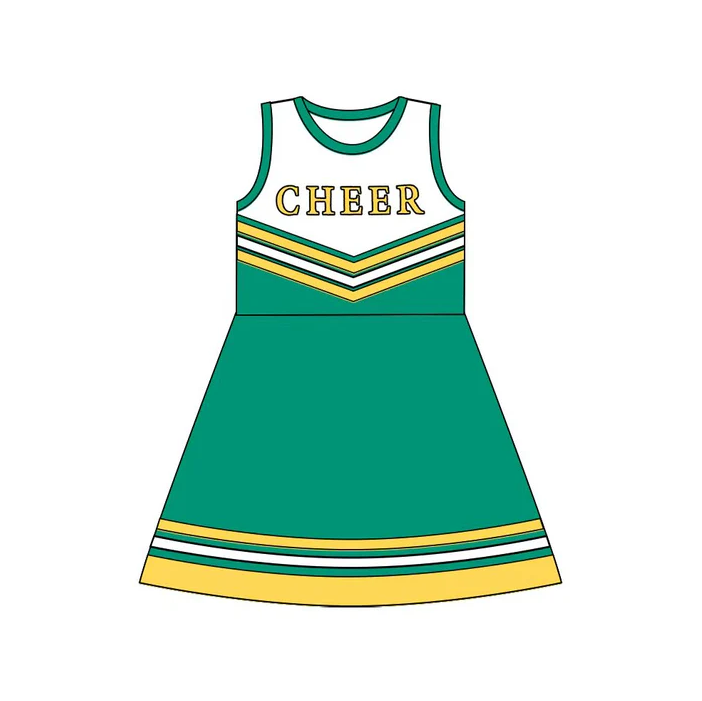 8.12 Preorder (moq 5)Baby Girls Green Gold Cheer Team Knee Length Dresses