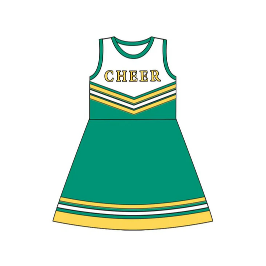8.12 Preorder (moq 5)Baby Girls Green Gold Cheer Team Knee Length Dresses