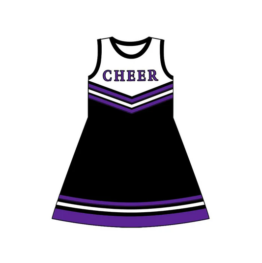 8.12 Preorder (moq 5)Baby Girls Purple Black Cheer Team Knee Length Dresses
