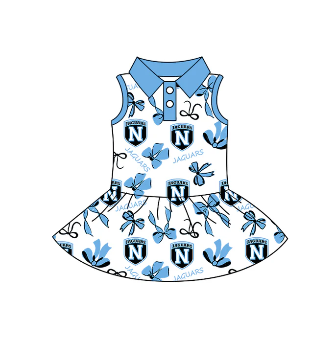 8.12 Preorder (moq 5)Baby Girls Sleeveless Blue Bows Jaguars N Button Team Knee Length Dresses