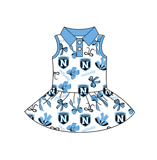 8.12 Preorder (moq 5)Baby Girls Sleeveless Blue Bows Jaguars N Button Team Knee Length Dresses