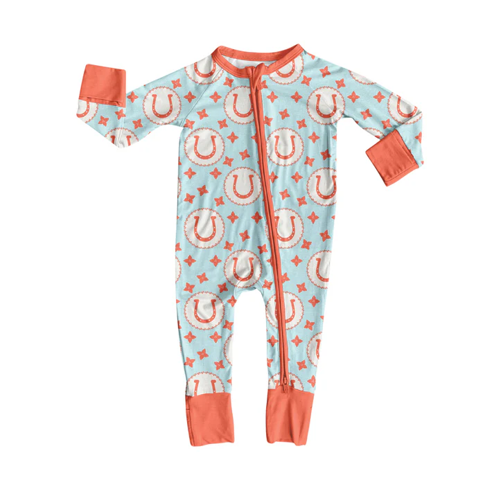 8.12 Preorder(moq 5)Baby Boys Western Rodeo Stars Zipper Footie Rompers