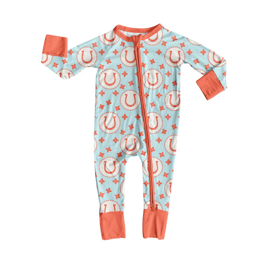 8.12 Preorder(moq 5)Baby Boys Western Rodeo Stars Zipper Footie Rompers