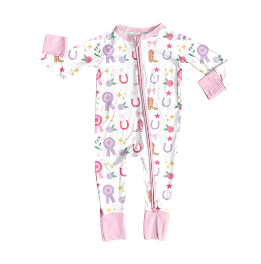 8.12 Preorder(moq 5)Baby Girls Western Rodeo Stars Bows Zipper Footie Rompers