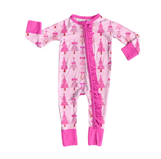 8.12 Preorder(moq 5)Baby Girls Christmas Pink Trees Zipper Footie Rompers